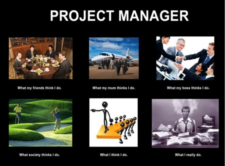 meme illustrating the expectations different groups have of a project manager