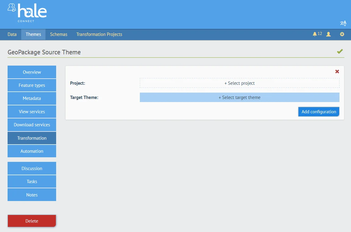 hale»connect screenshot to configure the GeoPackage Source Theme