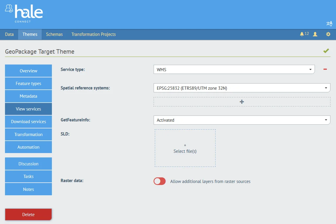 hale»connect screenshot showing GeoPackage Target Theme configuration