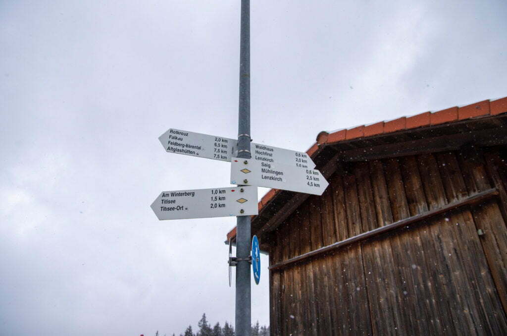 Street signs indicating the direction of multiple locations in Germany's Black Forest region