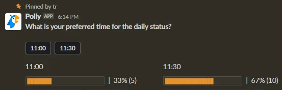 Screenshot of a Slack poll, the result shows that people prefer to have a meeting later