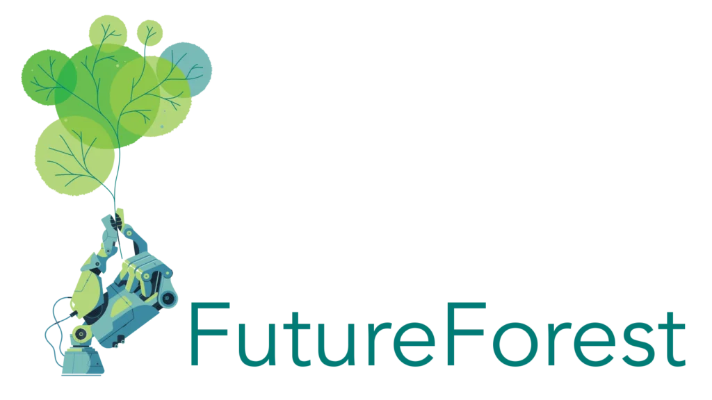 A robotic hand holds up a stem connecting seven partially overlapping circles in different shades of green, reminiscent of a plant. To the right of the hand it reads "FutureForest"