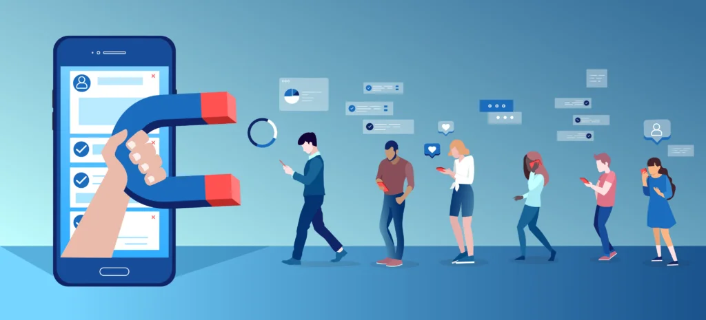 An arm coming from a smartphone holding a magnet, pulling data towards itself from people using mobile phones