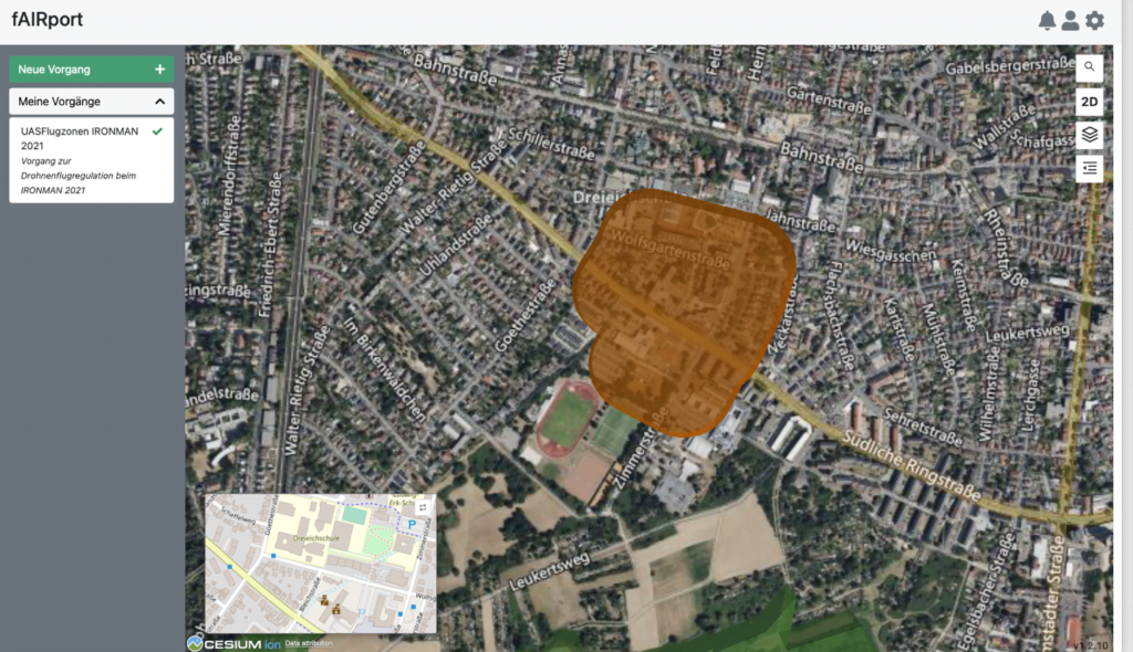 screenshot of the German fAIRport portal, showing map data for a part of the town of Langen (Hesse, Germany). An orange overlay on the map is designated as a temporary drone flight regulation zone for an Ironman event.