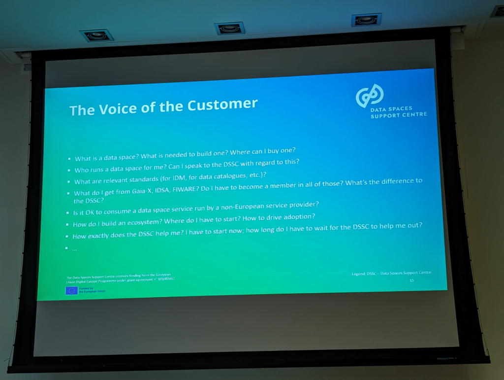 Slide shown at the Big Data Forum 2023 in Valencia by the Data Spaces Support Centre titled "The Voice of the Customer", featuring questions surrounding data spaces