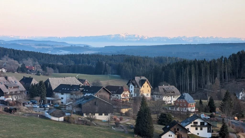 The village of Saig in Germany's black forest, nestled among grassy fields and evergreen trees. In the distance, mountains are visible.