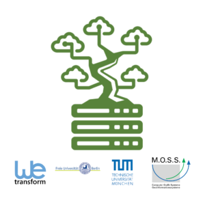 Logo of the Forest Data Space. Below it are the four logos of partners wetransform, FU Berlin, TU Munich, and M.O.S.S.