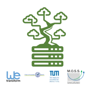 Logo of the Forest Data Space. Below it are the four logos of partners wetransform, FU Berlin, TU Munich, and M.O.S.S.