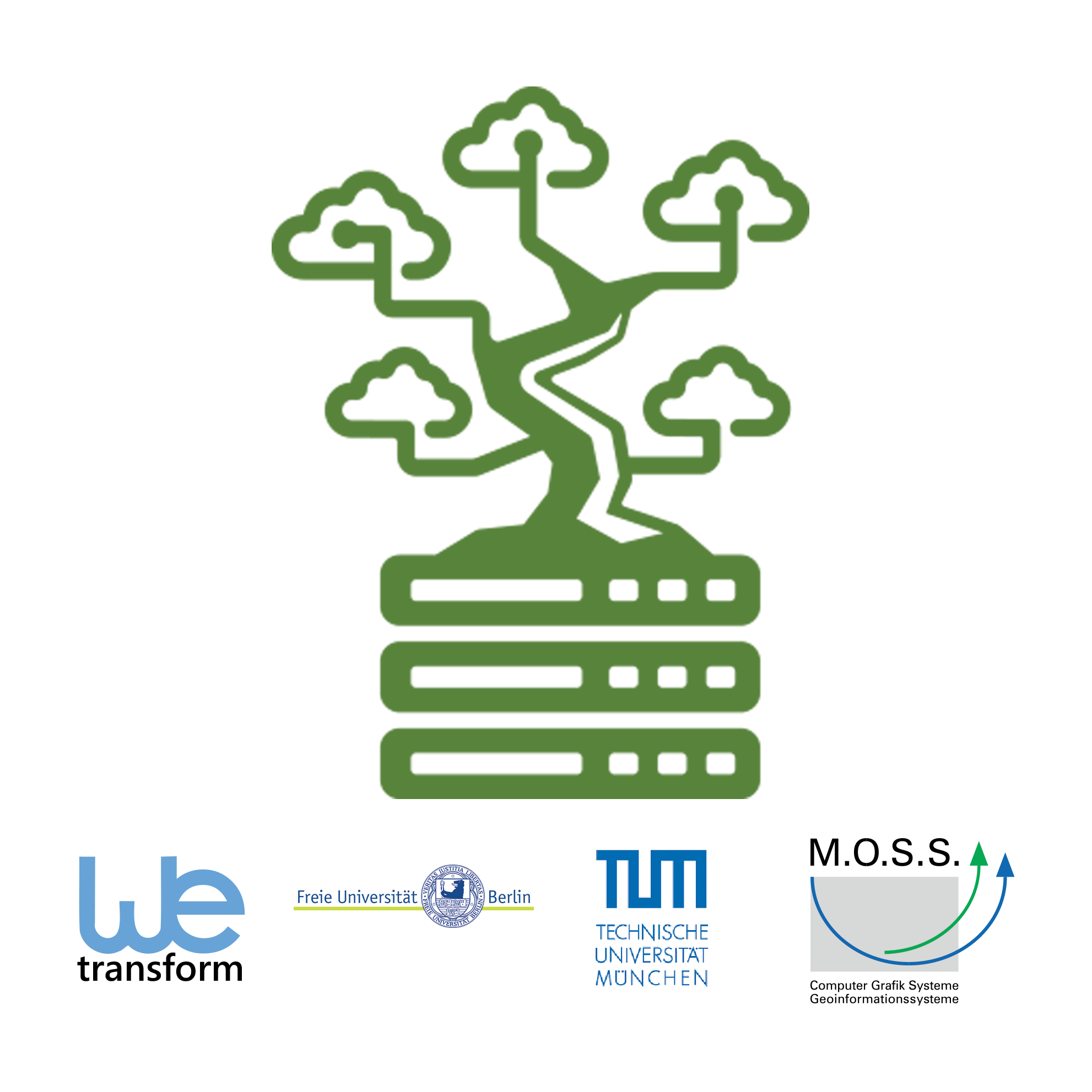 Logo of the Forest Data Space. Below it are the four logos of partners wetransform, FU Berlin, TU Munich, and M.O.S.S.