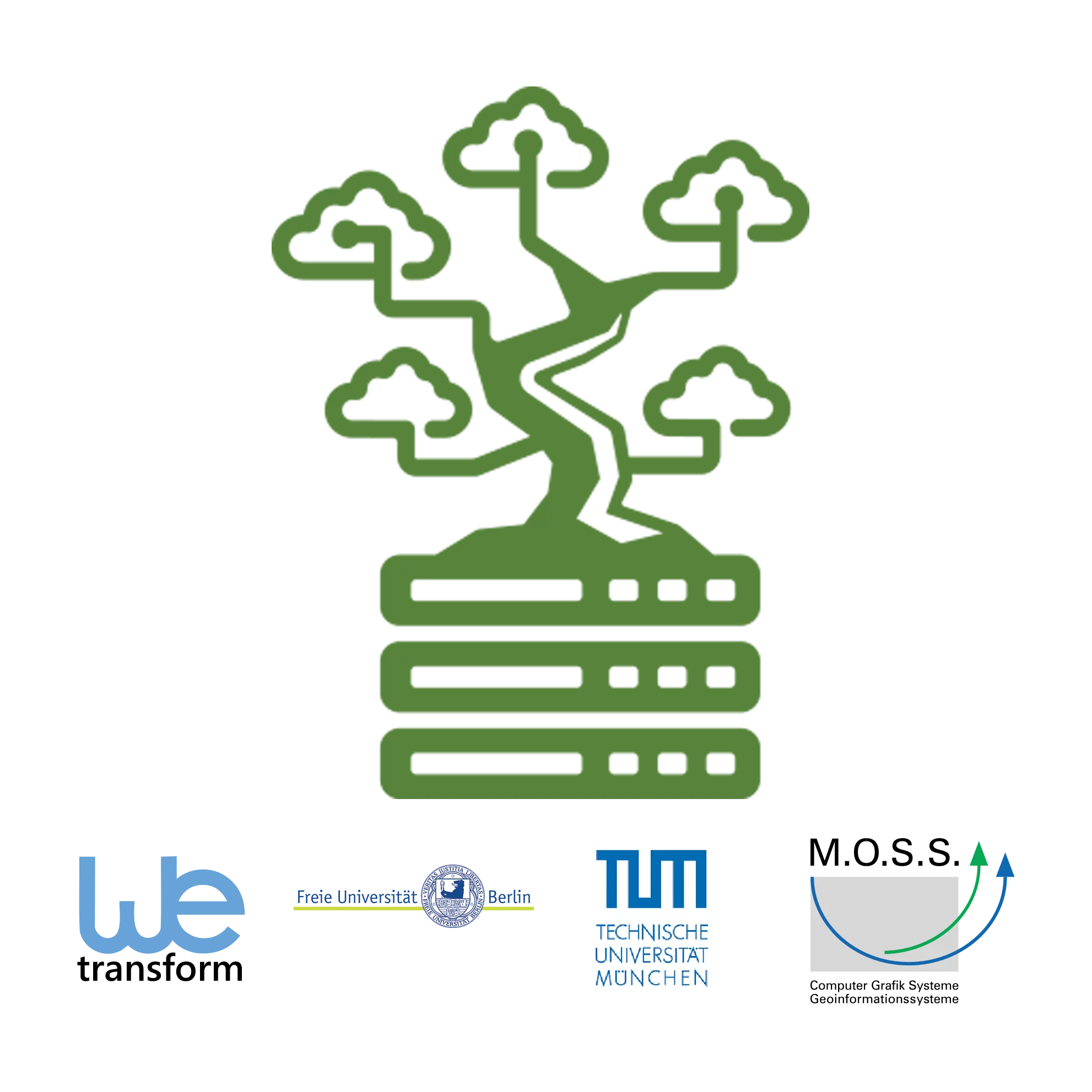 Logo of the Forest Data Space. Below it are the four logos of partners wetransform, FU Berlin, TU Munich, and M.O.S.S.