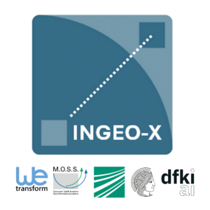 Logo of INGEO-X. Below it the logos of partners wetransform, M.O.S.S, Fraunhofer, TU Darmstadt, DFKI