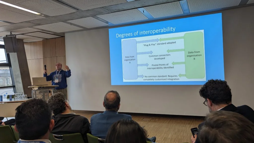 A man in red glasses stands behind a lectern, gesturing widely at a seated crowd facing him. To his left is a window, to his right a projection screen. On the screen is a slide titled "Degrees of interoperability"