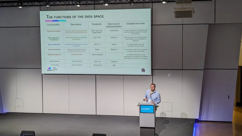 A bearded man wearing a blue button-up and tan scarf is presenting a slide titled "The Functions of the Data Space"