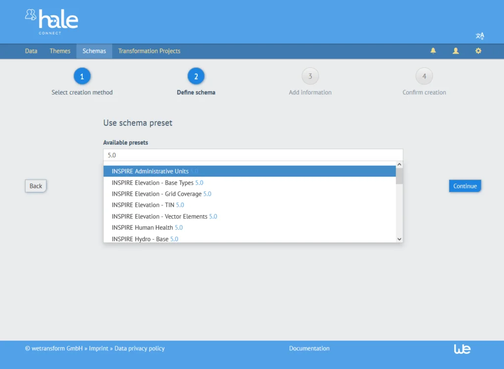 screenshot from hale»connect, showing a dropdown menu under the header "use schema preset". 5.0 is selected, showing various INSPIRE options underneath