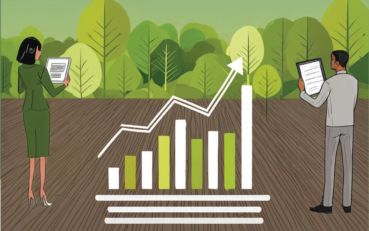 illustration of two people observing environmental data on their tablets. between them is a rising green and white graph