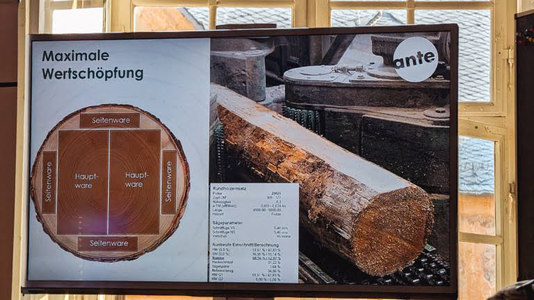 A slide from the Future Forest Forum 2024 is displayed on a monitor. On the left there is a cross-section of a felled tree trunk. Above it are the words "Maximale Wertschöpfung", with the image designating two centre squares within the trunk as "Hauptware" and four smaller segments on each side as "Seitenware". To the right is an image of a log being cut down further, with a round "ante"-logo in the top right corner and an illegible block of data about the usage of round wood in the bottom left corner.