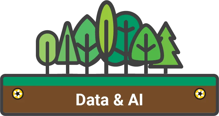 Seven different stylized green trees stand on a horizontal rectangle. The rectangle is green along the top and brown along the bottom, evoking grass upon earth. In the brown layer, there is a golden screw head on either side of the white text "Data & AI"
