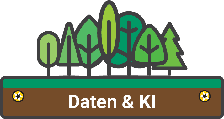 Seven different stylized green trees stand on a horizontal rectangle. The rectangle is green along the top and brown along the bottom, evoking grass upon earth. In the brown layer, there is a golden screw head on either side of the white text "Daten & KI"