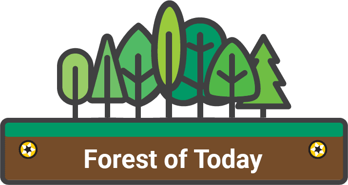 Seven different stylized green trees stand on a horizontal rectangle. The rectangle is green along the top and brown along the bottom, evoking grass upon earth. In the brown layer, there is a golden screw head on either side of the white text "Forest of Today"