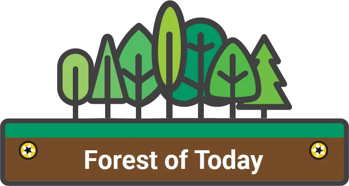 Seven different stylized green trees stand on a horizontal rectangle. The rectangle is green along the top and brown along the bottom, evoking grass upon earth. In the brown layer, there is a golden screw head on either side of the white text "Forest of Today"