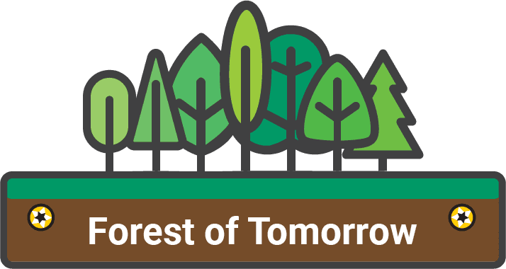 Seven different stylized green trees stand on a horizontal rectangle. The rectangle is green along the top and brown along the bottom, evoking grass upon earth. In the brown layer, there is a golden screw head on either side of the white text "Forest of Tomorrow"