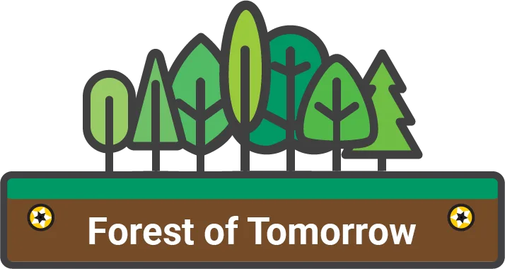 Seven different stylized green trees stand on a horizontal rectangle. The rectangle is green along the top and brown along the bottom, evoking grass upon earth. In the brown layer, there is a golden screw head on either side of the white text "Forest of Tomorrow"