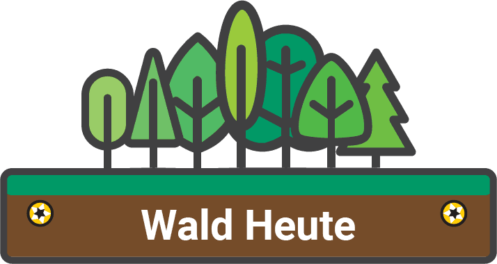 Seven different stylized green trees stand on a horizontal rectangle. The rectangle is green along the top and brown along the bottom, evoking grass upon earth. In the brown layer, there is a golden screw head on either side of the white text "Wald Heute"