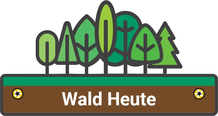 Seven different stylized green trees stand on a horizontal rectangle. The rectangle is green along the top and brown along the bottom, evoking grass upon earth. In the brown layer, there is a golden screw head on either side of the white text "Wald Heute"