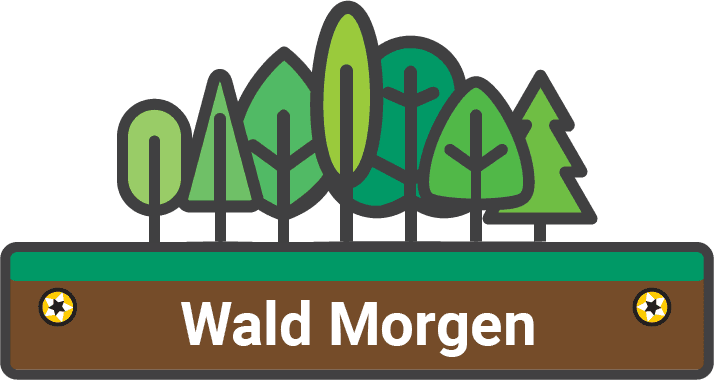 Seven different stylized green trees stand on a horizontal rectangle. The rectangle is green along the top and brown along the bottom, evoking grass upon earth. In the brown layer, there is a golden screw head on either side of the white text "Wald Morgen"