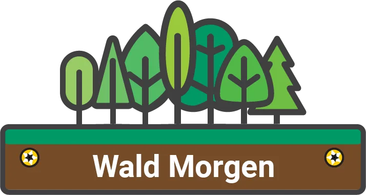 Seven different stylized green trees stand on a horizontal rectangle. The rectangle is green along the top and brown along the bottom, evoking grass upon earth. In the brown layer, there is a golden screw head on either side of the white text "Wald Morgen"