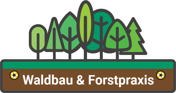 Seven different stylized green trees stand on a horizontal rectangle. The rectangle is green along the top and brown along the bottom, evoking grass upon earth. In the brown layer, there is a golden screw head on either side of the white text "Waldbau & Forstpraxis"