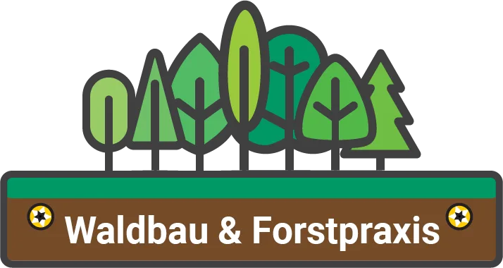 Seven different stylized green trees stand on a horizontal rectangle. The rectangle is green along the top and brown along the bottom, evoking grass upon earth. In the brown layer, there is a golden screw head on either side of the white text "Waldbau & Forstpraxis"