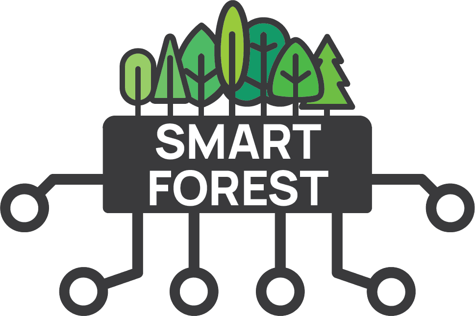 SmartForest Logo, consisting of seven different stylised trees standing on a dark grey block that has the words "SMART FOREST" on it in white. From the bottom of the block, six "connectors" made out of bent stripes and circled white dots reach out and down.