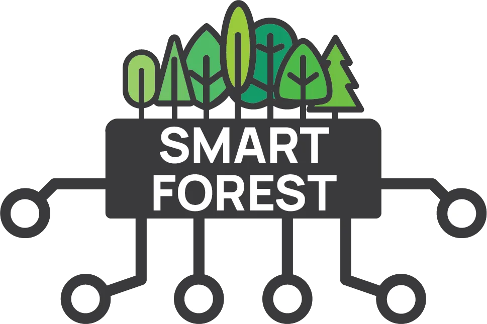 SmartForest Logo, consisting of seven different stylised trees standing on a dark grey block that has the words "SMART FOREST" on it in white. From the bottom of the block, six "connectors" made out of bent stripes and circled white dots reach out and down.