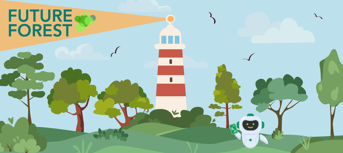 A red and white lighthouse stands amid a green forest. Its beam goes off to the left, with the words
