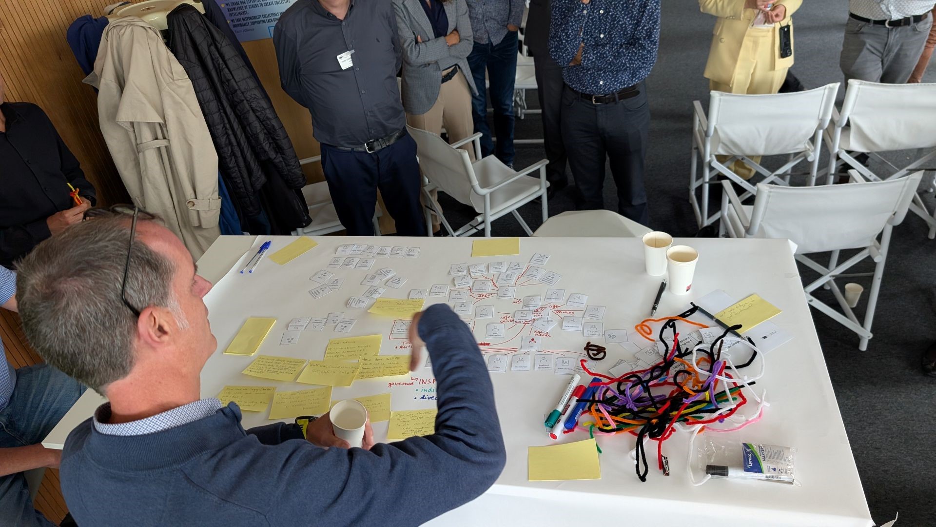 A man in a blue jumper sits at a white table, his glasses perched atop his head and a paper cup in one hand as he gestures to the table with the other. The table is covered in many post-its and other bits of paper, as well as various writing implements and a collection of colourful pipe cleaners. There is writing on the table's surface, chiefly in red, connecting some of these bits of paper. Words like "needs", "APIs", and "governed" stand out. Approximately 9 people are gathered around him, though the angle of the photo hides their faces.