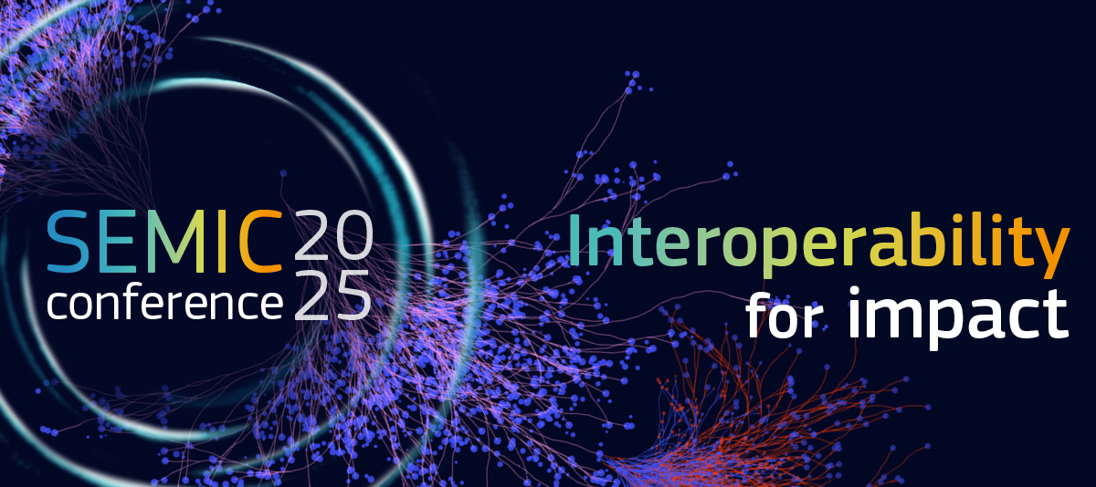 The SEMIC conference 2025 logo, set amid a circular water ripple against a dark blue background with pink and purplish plant silhouettes that put one in mind of sea anemones. To the right of the logo is the text