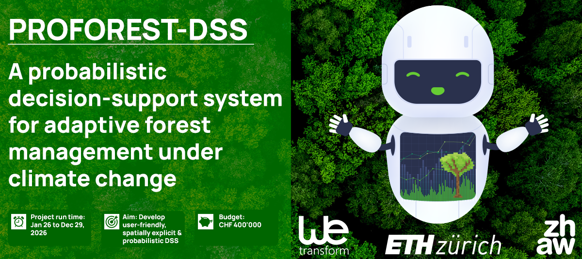 Cover image for the ProForest DSS project. Against a green forest backgrounds are two main panels. Left shows the text 
