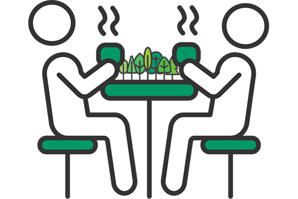 Illustration for the SmartForest 2026 World Cafe. Two simply drawn human figures sit at a green table, each holding a steaming green cup. On the table between them are the seven little trees from the SmartForest logo.