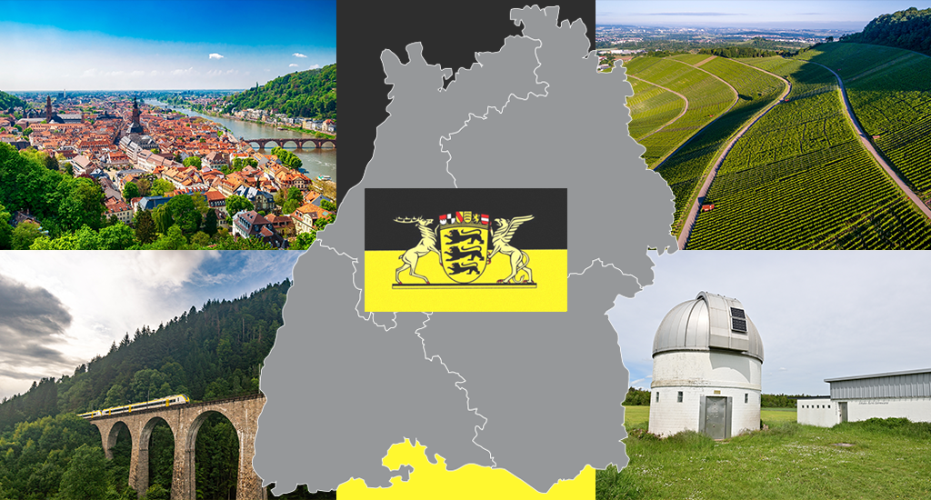 Four pictures of Baden-Württemberg, centrally overlaid with a grey shape of the state, bearing the black over gold bi-color flag with the state's greater coat of arms in the middle. The four photos are of Heidelberg Old Town with the Neckar river, vineyards in the Rems Valley, a train on a brick railway bridge in the Black Forest's Ravenna Gorge, and the Johann-Kern-Sternwarte observatory by Wertheim.