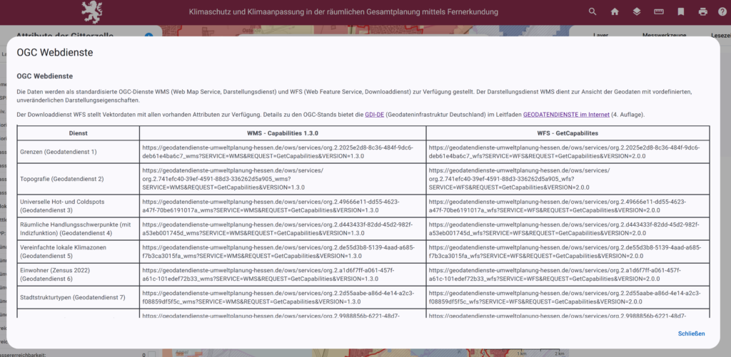 Screenshot from the ‘Climate Protection and Climate Adaptation’ WebGIS for the state of Hesse, showing a large digital table listing available OGC web services.
