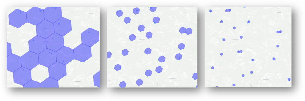 Progressively smaller units of aggregation. Three images are shown, the background for each is a largely white map. Each image is overlaid with a series of purple hexagons, which shrink in size on each image.