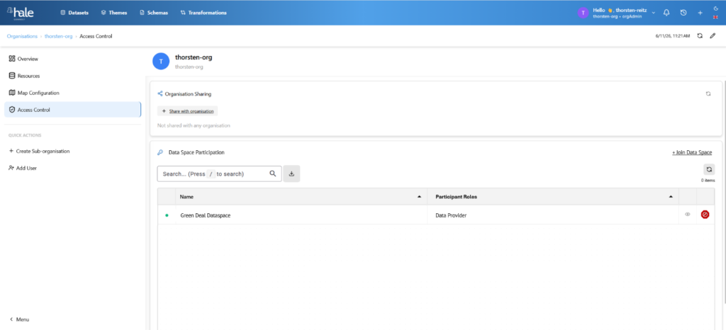 Joining a Data Space via hale»connect: Screenshot of the Access Control Panel within hale»connect. "thorsten-org"'s "Data Space Participation"-field shows it has the "Data Provider" participant role in the "Green Deal Dataspace" 