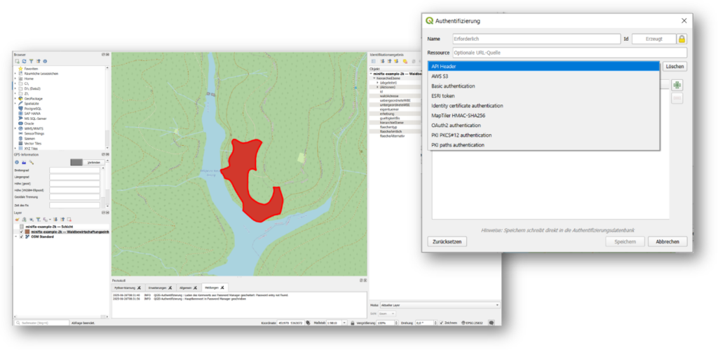 Accessing a dataspace asset in QGIS. A QGIS screenshot showing a red area in the map view, partially overlaid by the authentication window. "API Header" is highlighted in the dropdown list.