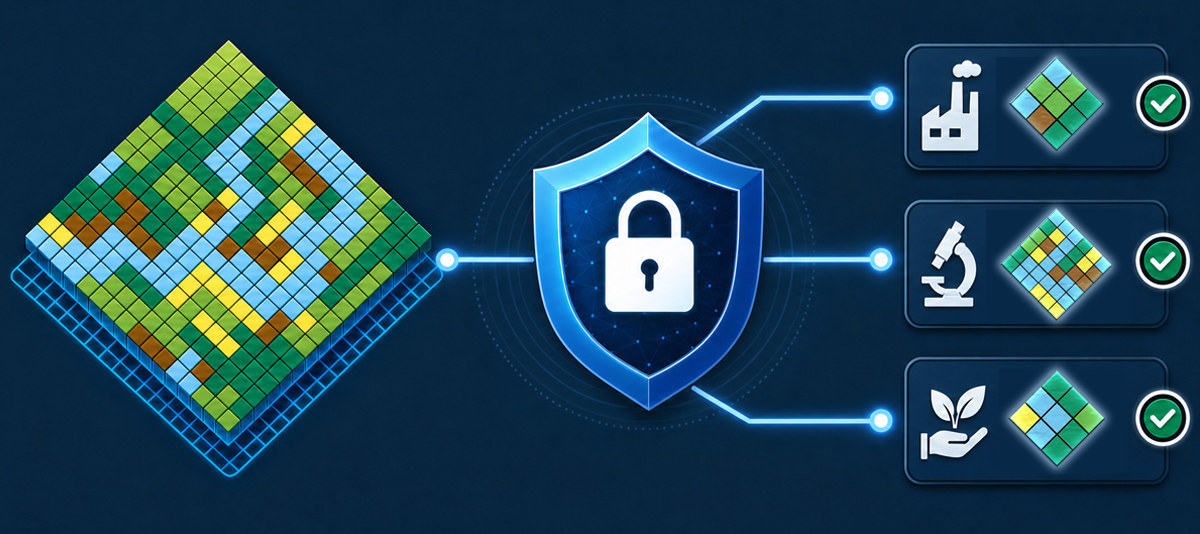 geodata, represented by a square map grid with underlying blue data layer, flows through a protected space indicated by a shield with padlock, to three entities. Industry, Research, and NGOs all receive a different sub-section of the map, which is shown beside their respective icons.