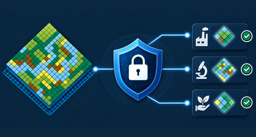 geodata, represented by a square map grid with underlying blue data layer, flows through a protected space indicated by a shield with padlock, to three entities. Industry, Research, and NGOs all receive a different sub-section of the map, which is shown beside their respective icons.