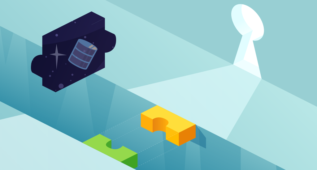 Illustration of a chasm between two puzzle pieces on opposing sides. Behind the far one is a large keyhole, through which light comes in. A third puzzle piece, with a data barrel floating in space on it, hovers over the chasm and would slot in to bridge the gap perfectly.