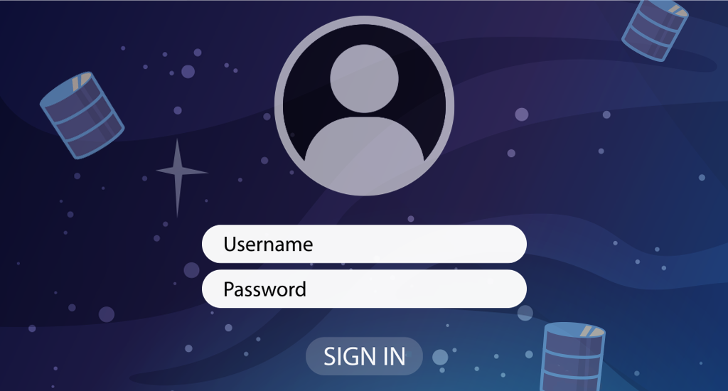 A login screen set against a background of data (represented by barrel-shapes) floating in space. There's a default silhouette portrait, fields for username and password, and finally a "SIGN IN"-button.